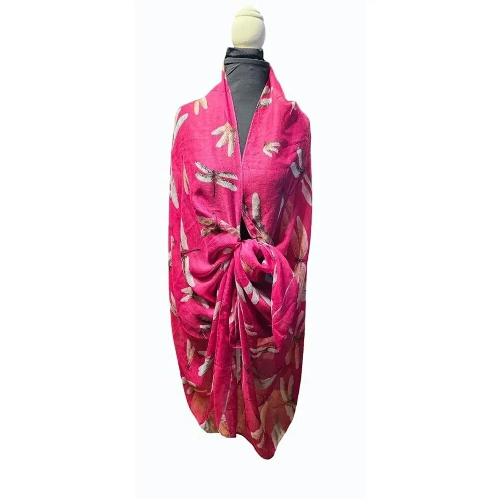 Dark Pink Sheer Scarf / Wrap Dragonfly Damselfly Print 33" x 70"